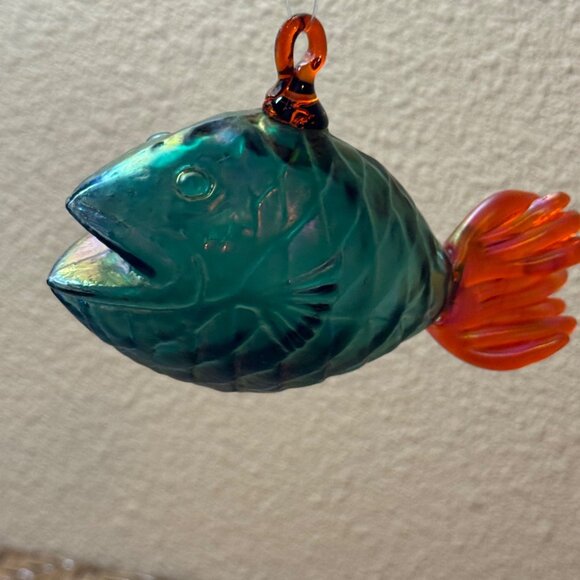 Hand Blown Glass Fish Ornament Blue Iridescent With Orange Tail - Picture 7 of 8